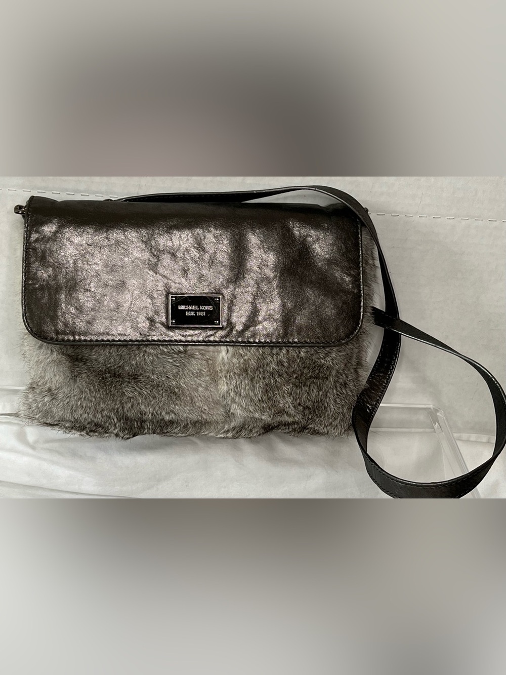 Michael Michael Kors Rabbit Fur and Gunmetal Leather Shoulder Bag